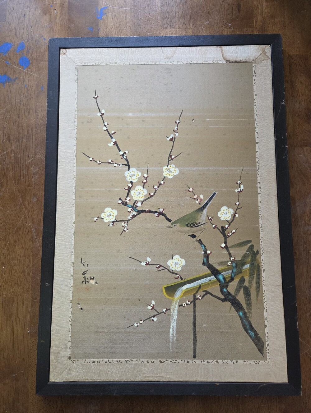 Vintage Japanese Silk Painting - Bush Warbler & Plum Blossoms - 11" x 16"